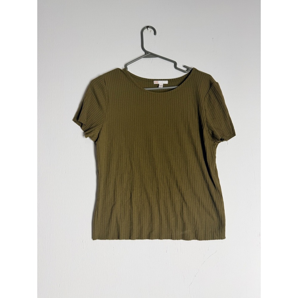 GB Olive Green Ribbed Knit Short Sleeve Top Crew Neck Tee XL